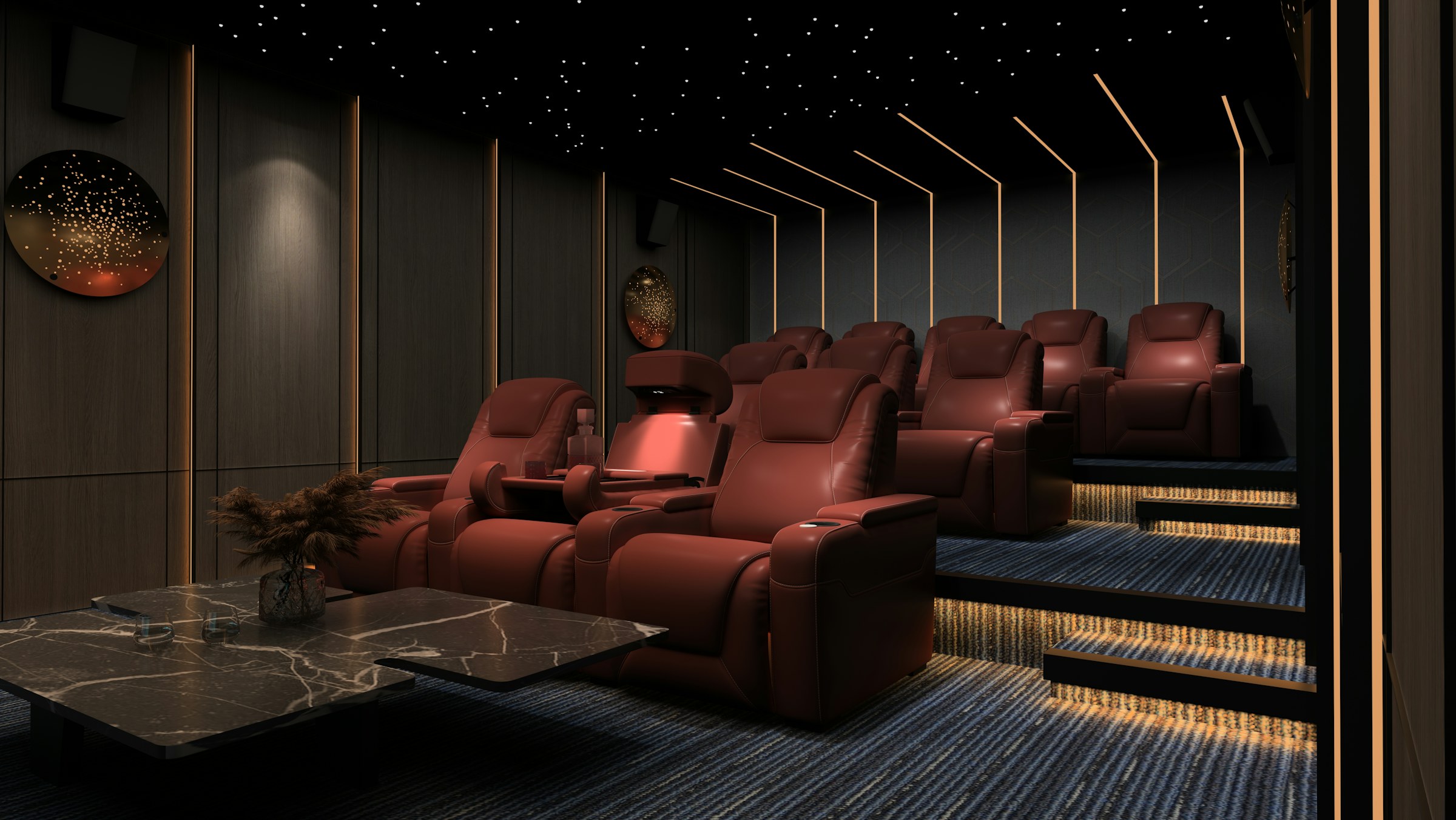 Home theater de alto padrão com poltronas em níveis e iluminação arquitetural