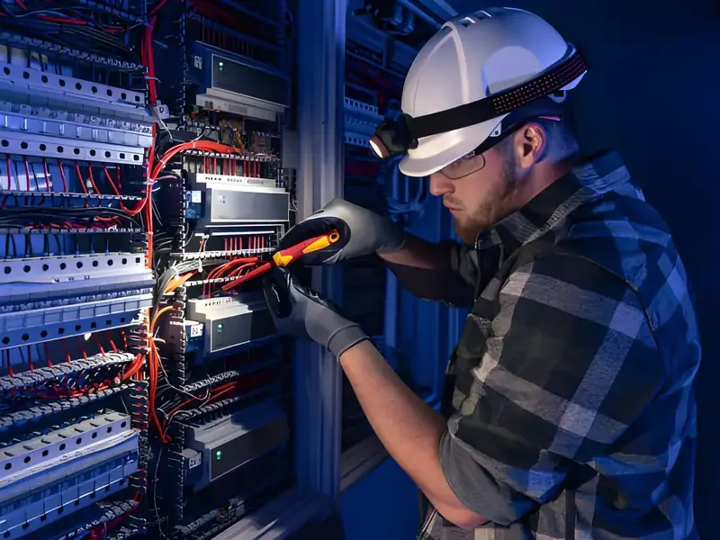 Técnico trabalhando em rack de equipamentos