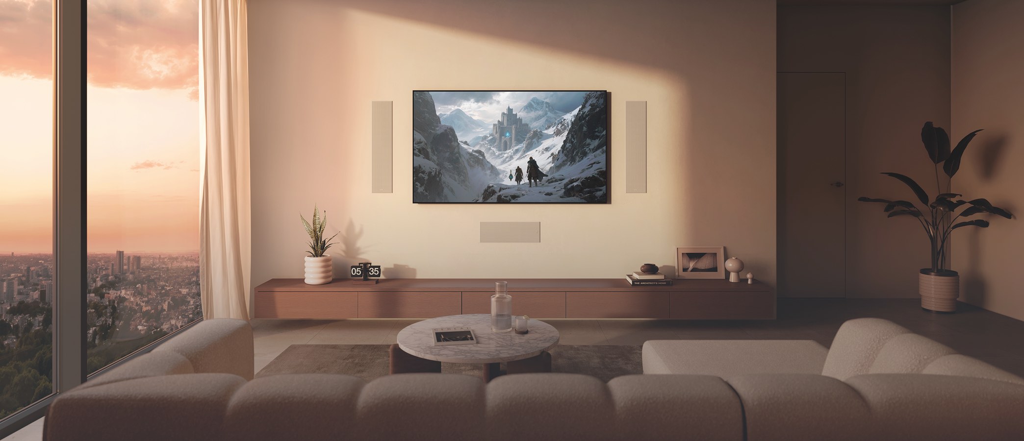 Sala com home theater KEF integrado