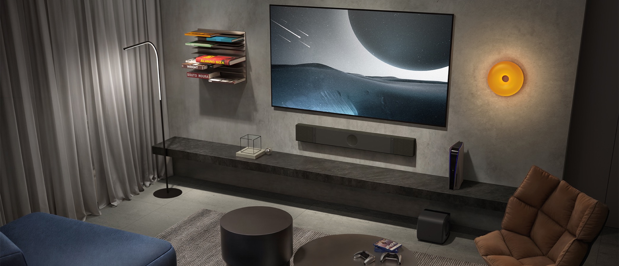 Home theater com soundbar KEF em sala escura